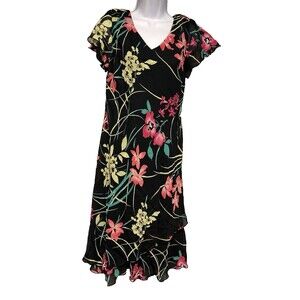 VTG Y2K Dressbarn Women's 10 Black Midi Dress Floral Layered Hem Fairy